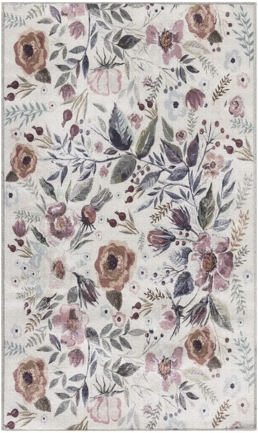 Pink and Ivory Floral Power Loom Washable Non Skid Area Rug Photo 2