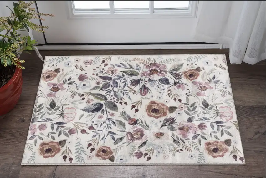 Pink and Ivory Floral Power Loom Washable Non Skid Area Rug Photo 1