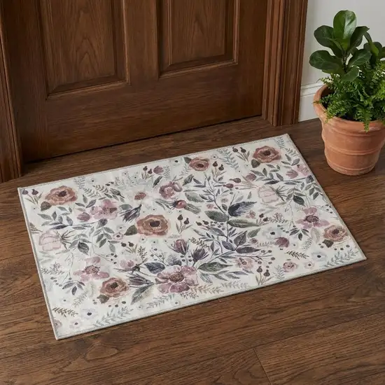 Pink and Ivory Floral Power Loom Washable Non Skid Area Rug Photo 1