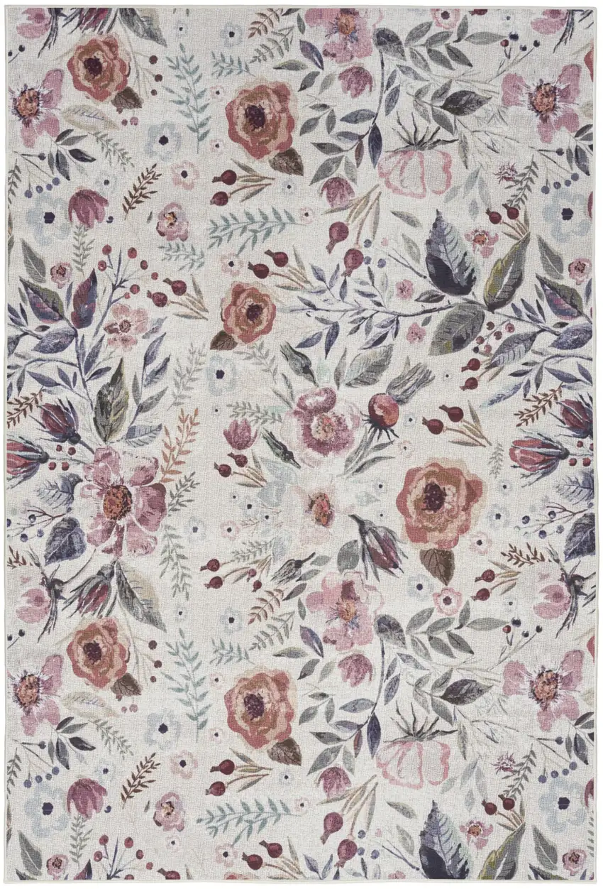 Pink and Ivory Floral Power Loom Washable Non Skid Area Rug Photo 2