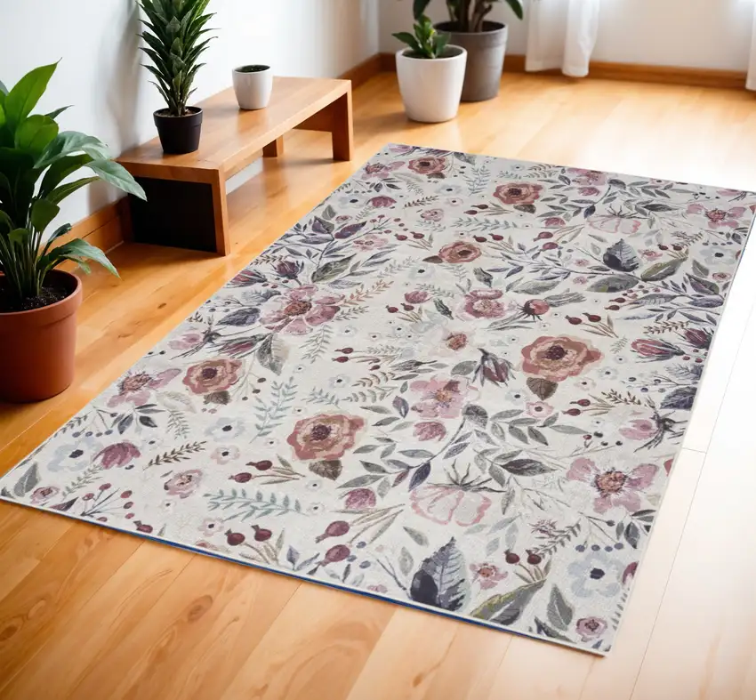 Pink and Ivory Floral Power Loom Washable Non Skid Area Rug Photo 1