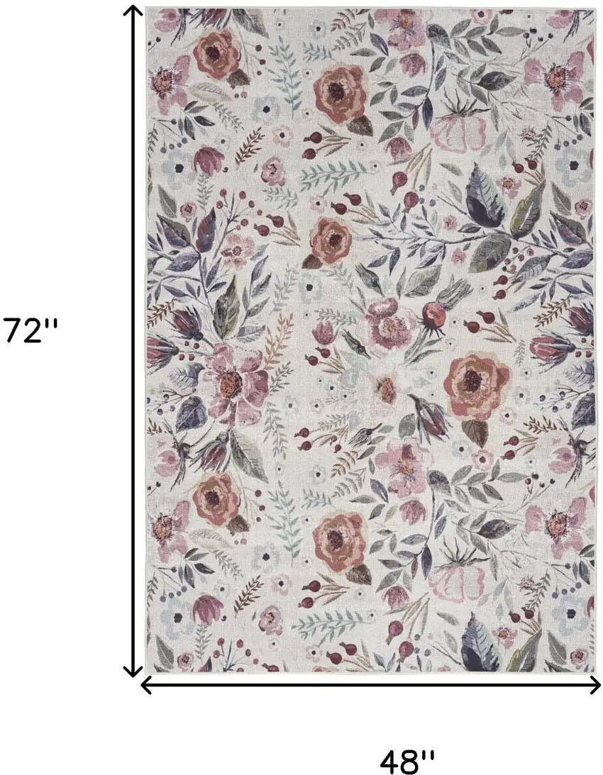 Pink and Ivory Floral Power Loom Washable Non Skid Area Rug Photo 3