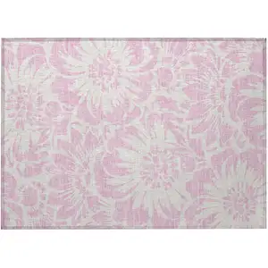 Photo of Pink and Ivory Floral Washable Non Skid Indoor Outdoor Area Rug