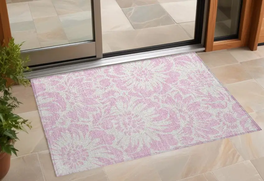 Pink and Ivory Floral Washable Non Skid Indoor Outdoor Area Rug Photo 1