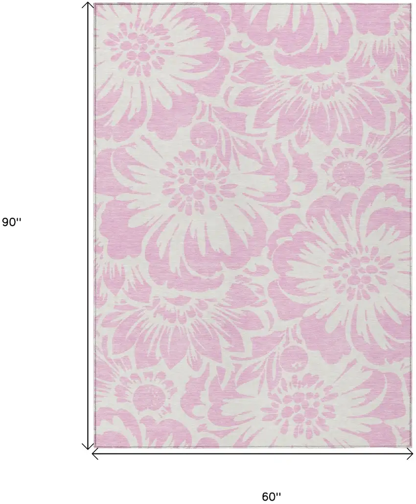 Pink and Ivory Floral Washable Non Skid Indoor Outdoor Area Rug Photo 3