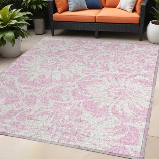 Pink and Ivory Floral Washable Non Skid Indoor Outdoor Area Rug Photo 1