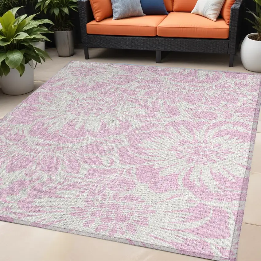 Pink and Ivory Floral Washable Non Skid Indoor Outdoor Area Rug Photo 1
