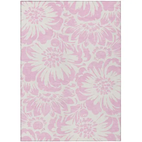 Pink and Ivory Floral Washable Non Skid Indoor Outdoor Area Rug Photo 2