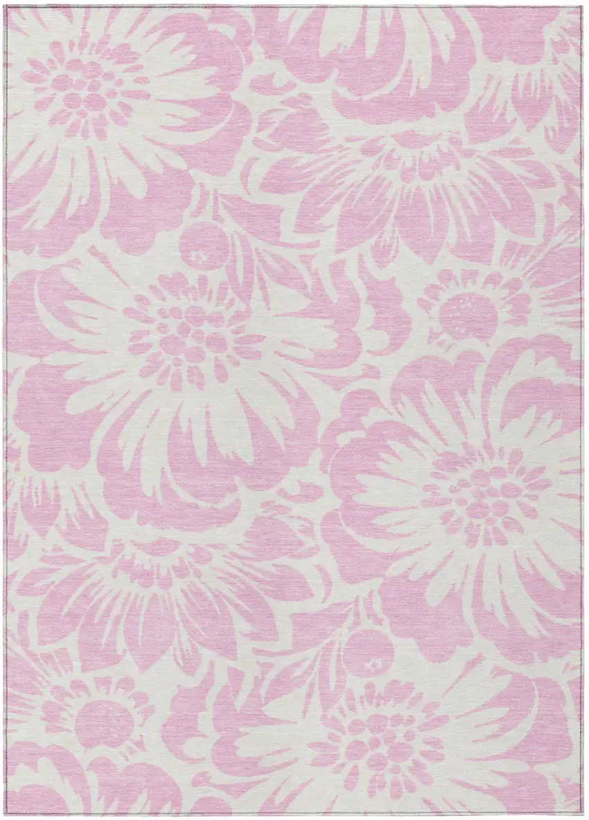 Pink and Ivory Floral Washable Non Skid Indoor Outdoor Area Rug Photo 2