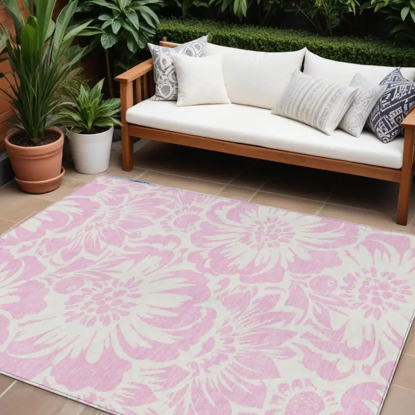 Pink and Ivory Floral Washable Non Skid Indoor Outdoor Area Rug Photo 1