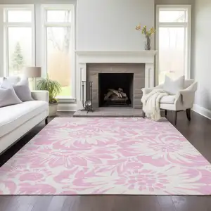 Photo of Pink and Ivory Floral Washable Non Skid Indoor Outdoor Area Rug