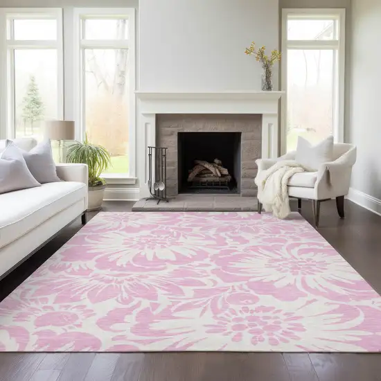 Pink and Ivory Floral Washable Non Skid Indoor Outdoor Area Rug Photo 8