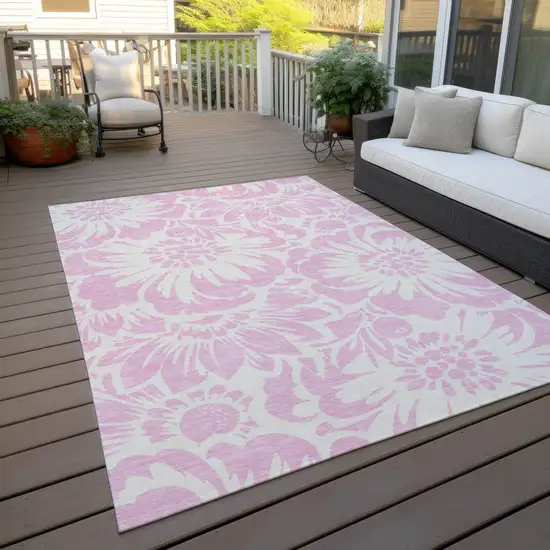Pink and Ivory Floral Washable Non Skid Indoor Outdoor Area Rug Photo 9