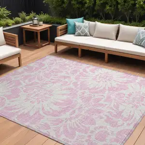 Photo of Pink and Ivory Floral Washable Non Skid Indoor Outdoor Area Rug