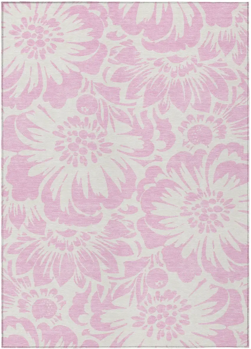 Pink and Ivory Floral Washable Non Skid Indoor Outdoor Area Rug Photo 2