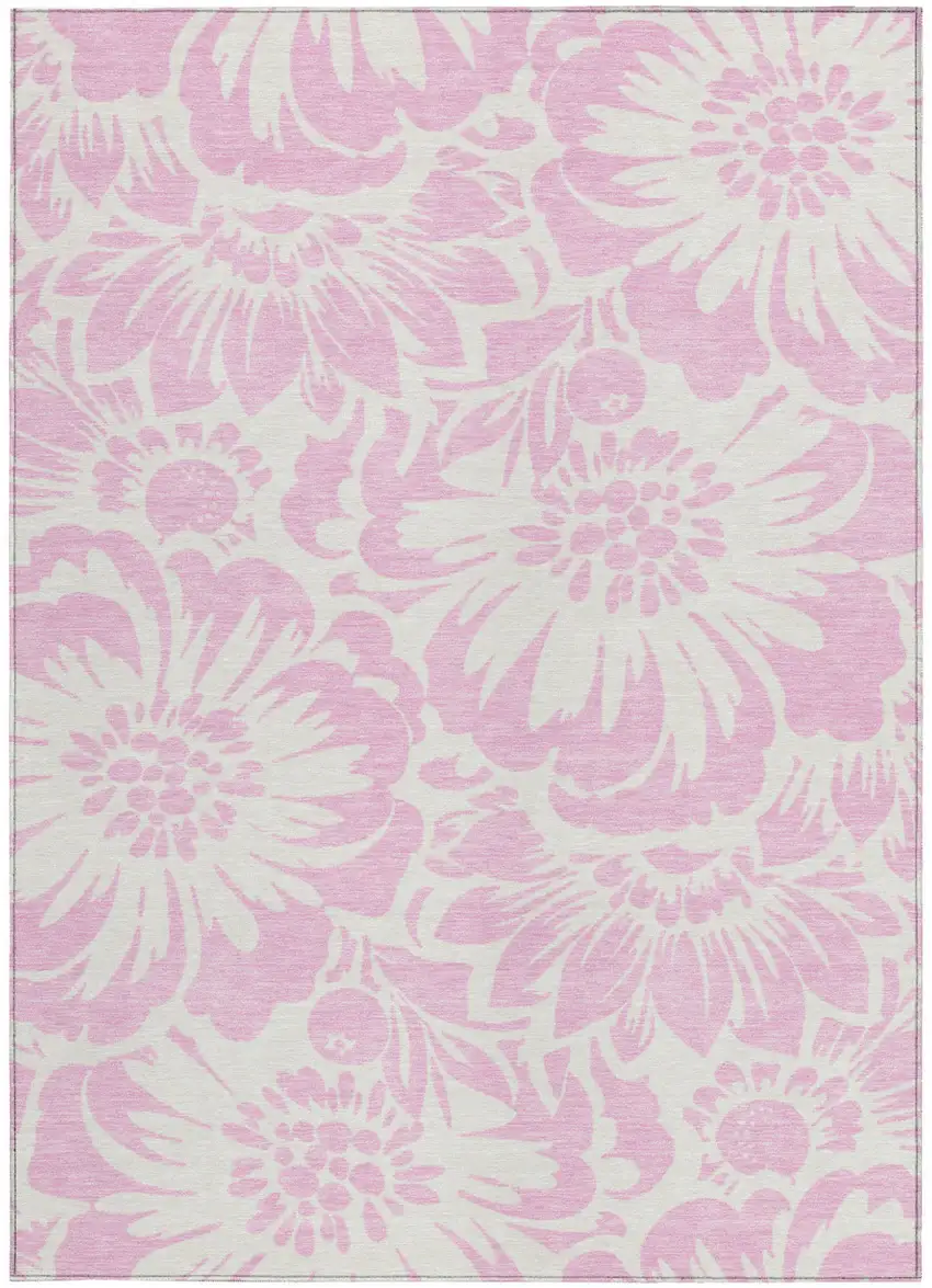 Pink and Ivory Floral Washable Non Skid Indoor Outdoor Area Rug Photo 4