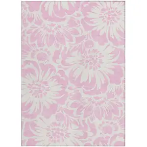 Photo of Pink and Ivory Floral Washable Non Skid Indoor Outdoor Area Rug