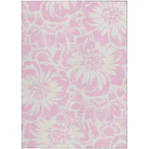 Photo of Pink and Ivory Floral Washable Non Skid Indoor Outdoor Area Rug