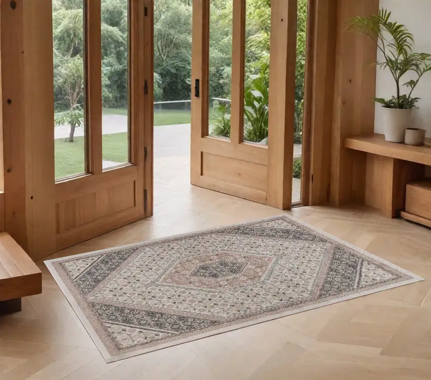 Pink and Ivory Medallion Area Rug Photo 1