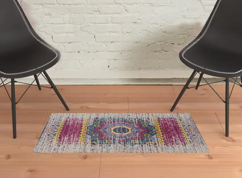 Pink and Ivory Medallion Power Loom Area Rug Photo 3