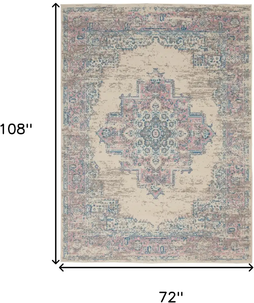 Ivory Pink And Blue Medallion Area Rug Photo 3