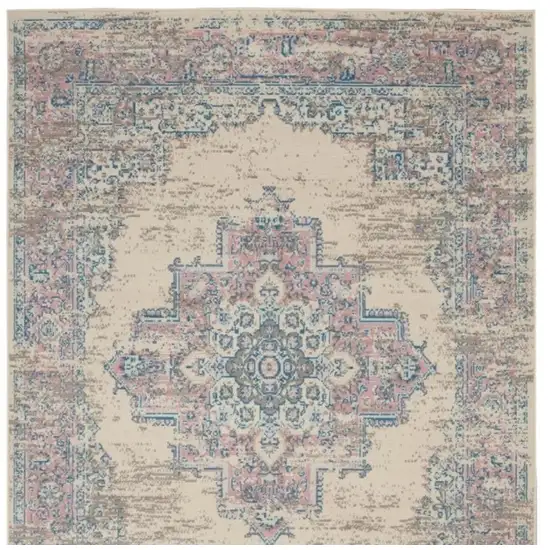 Ivory Pink And Blue Medallion Area Rug Photo 5