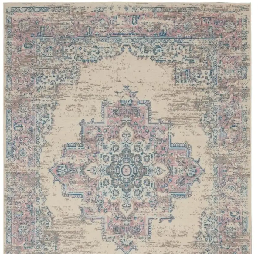 Ivory Pink And Blue Medallion Area Rug Photo 5