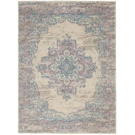 Ivory Pink And Blue Medallion Area Rug Photo 2