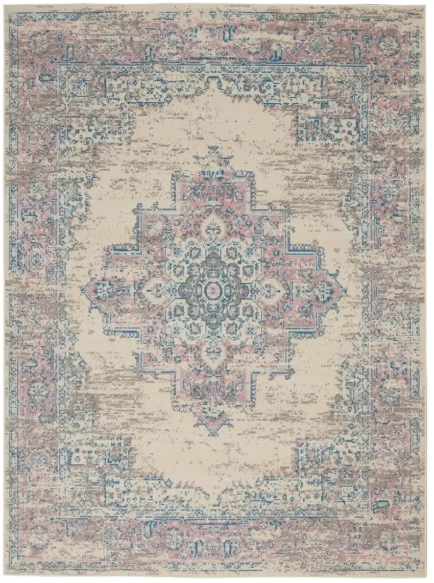 Ivory Pink And Blue Medallion Area Rug Photo 2
