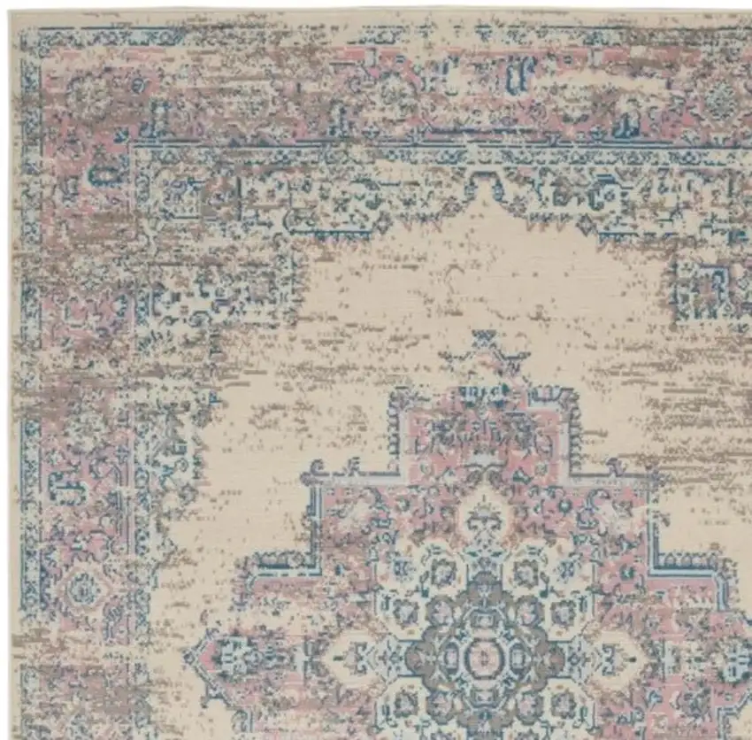 Ivory Pink And Blue Medallion Area Rug Photo 4