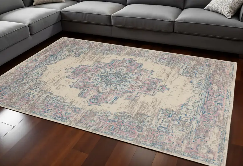 Pink and Ivory Medallion Power Loom Area Rug Photo 1