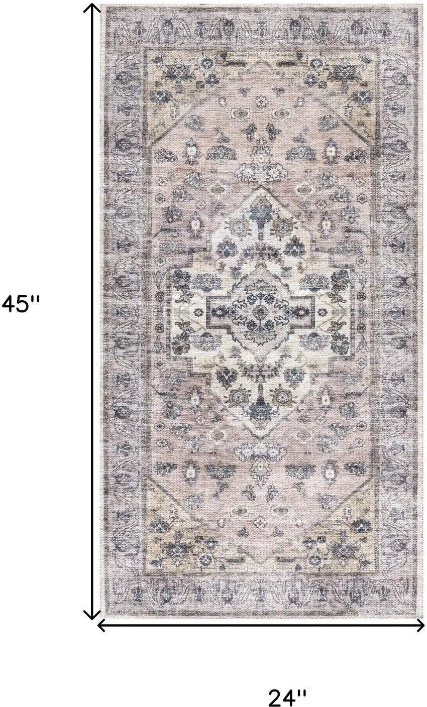 Pink and Ivory Medallion Power Loom Distressed Washable Non Skid Area Rug Photo 3
