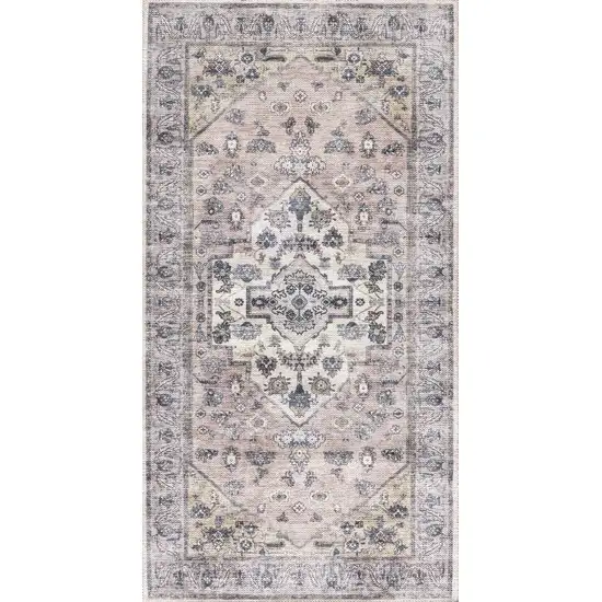 Pink and Ivory Medallion Power Loom Distressed Washable Non Skid Area Rug Photo 2