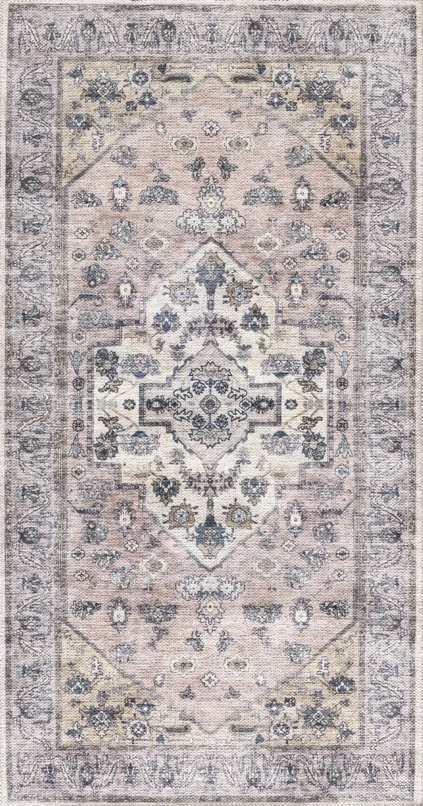 Pink and Ivory Medallion Power Loom Distressed Washable Non Skid Area Rug Photo 2