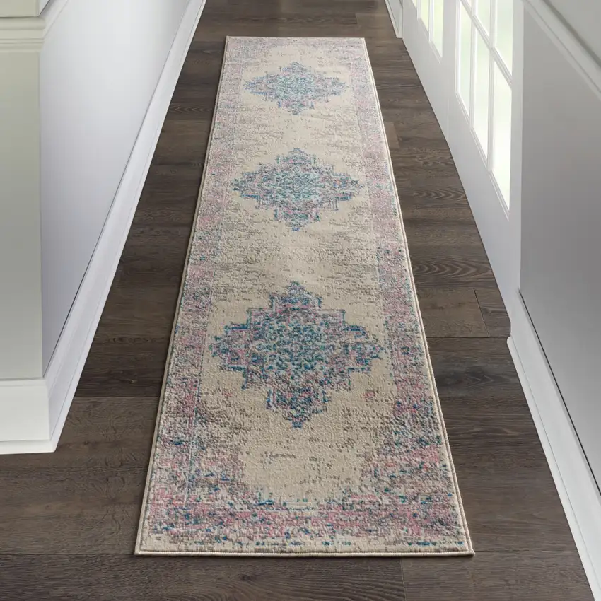 10' Pink And Ivory Medallion Runner Rug Photo 5