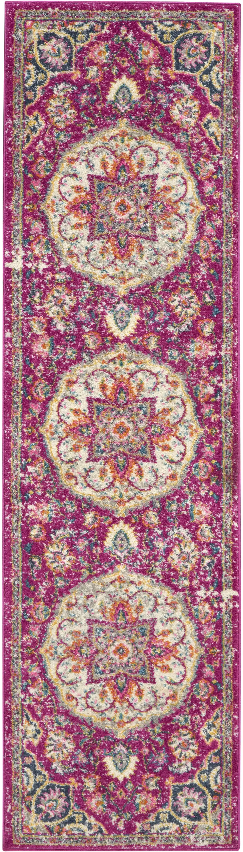 8' Pink And Ivory Medallion Runner Rug Photo 2