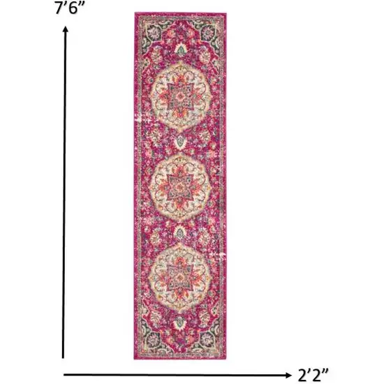 Pink and Ivory Medallion Runner Rug Photo 3