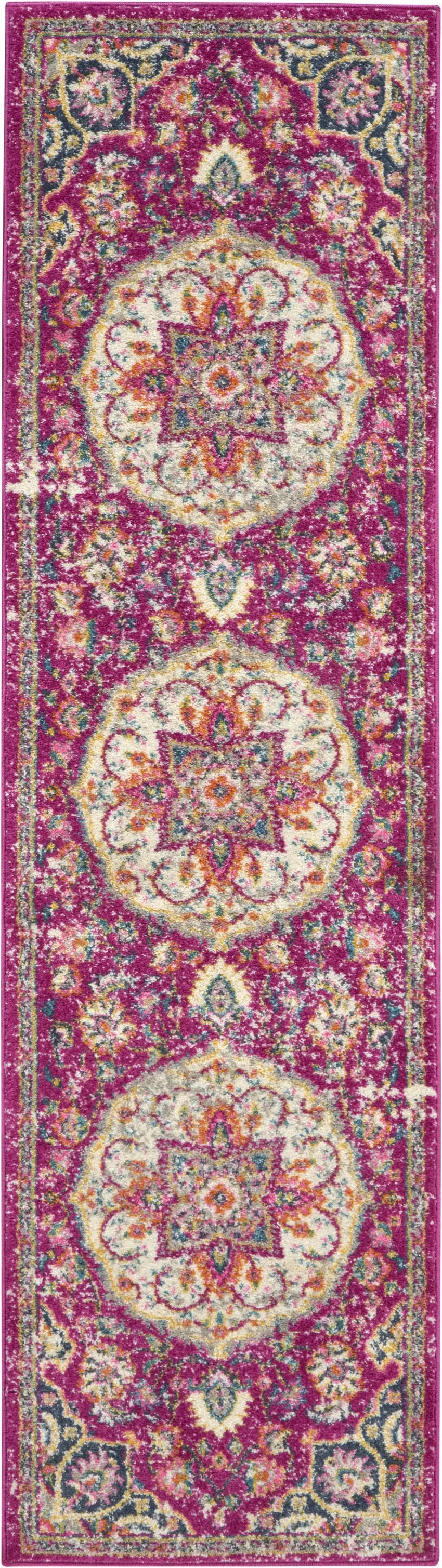 Pink and Ivory Medallion Runner Rug Photo 1