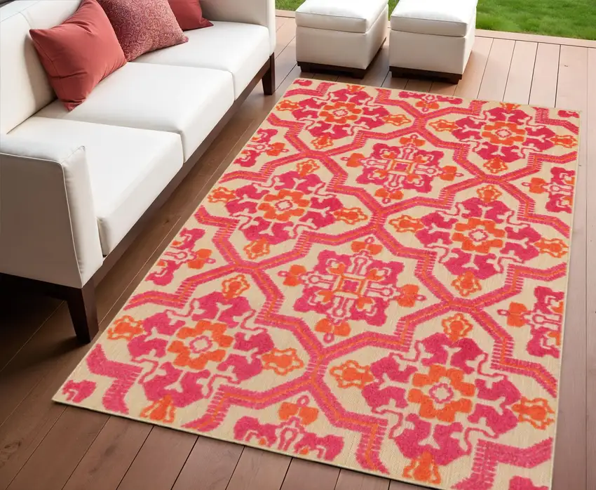 Pink and Orange Medallion Indoor Outdoor Area Rug Photo 1