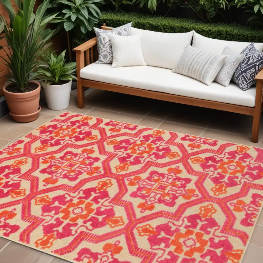 Pink and Orange Moroccan Indoor Outdoor Area Rug Photo 2
