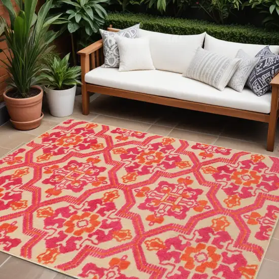 Pink and Orange Moroccan Indoor Outdoor Area Rug Photo 2