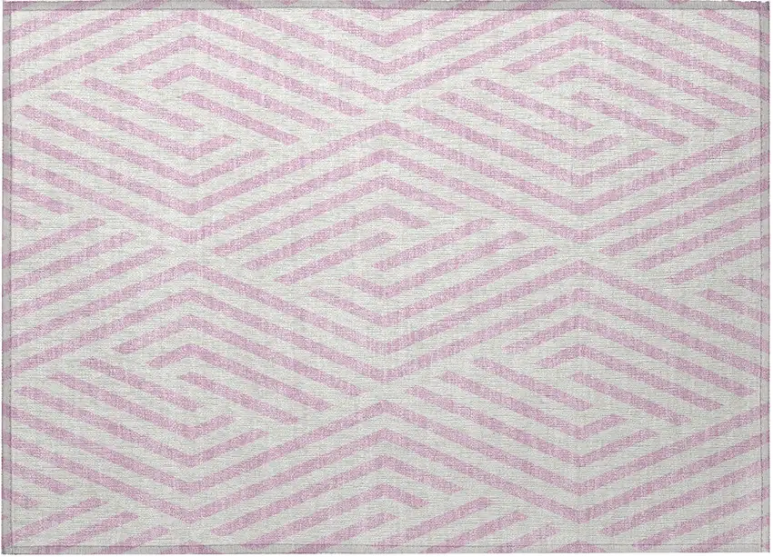 Pink and White Geometric Washable Non Skid Indoor Outdoor Area Rug Photo 4