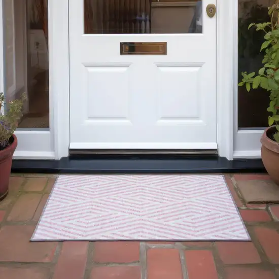 Pink and White Geometric Washable Non Skid Indoor Outdoor Area Rug Photo 8