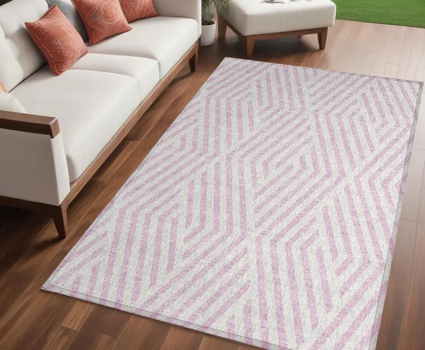 Pink and White Geometric Washable Non Skid Indoor Outdoor Area Rug Photo 1