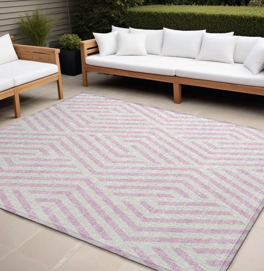 Pink and White Geometric Washable Non Skid Indoor Outdoor Area Rug Photo 1
