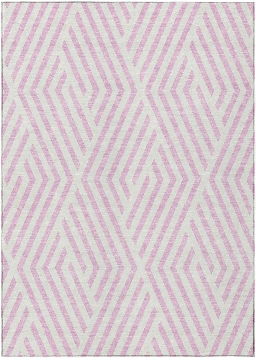 Pink and White Geometric Washable Non Skid Indoor Outdoor Area Rug Photo 2