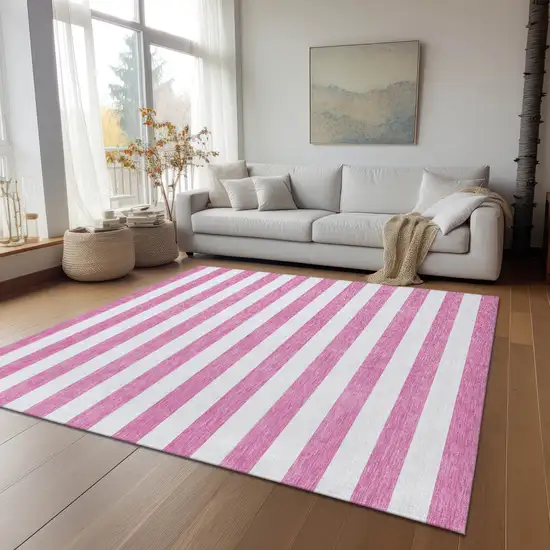 Pink and White Striped Washable Non Skid Indoor Outdoor Area Rug Photo 9