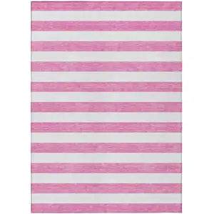 Photo of Pink and White Striped Washable Non Skid Indoor Outdoor Area Rug