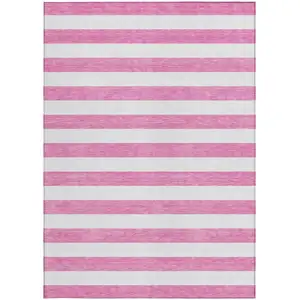 Photo of Pink and White Striped Washable Non Skid Indoor Outdoor Area Rug