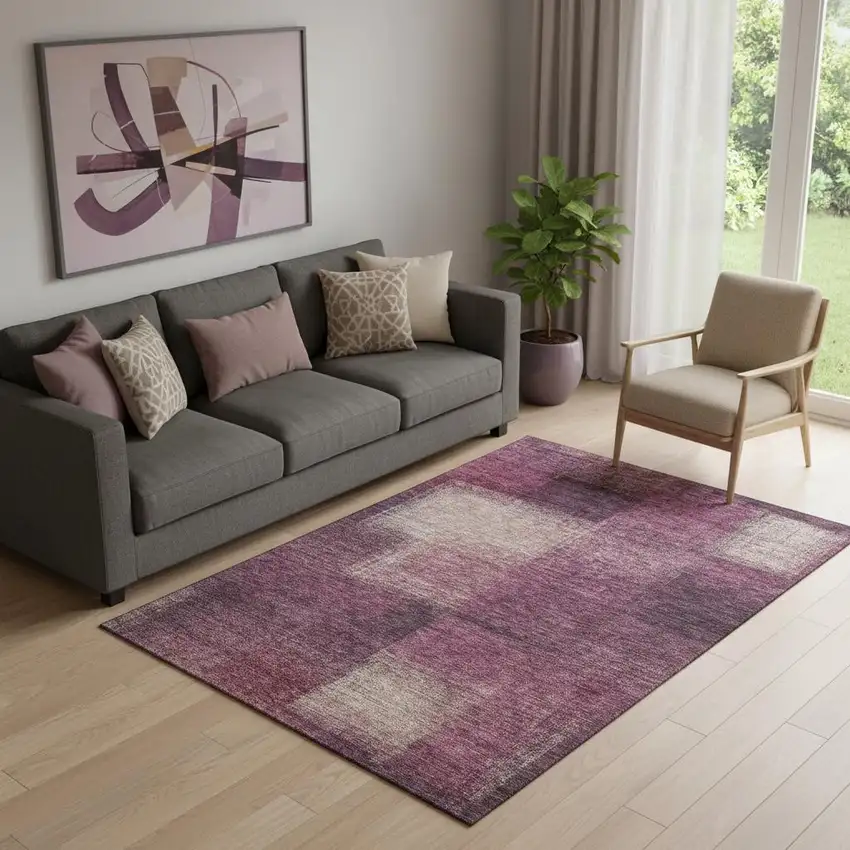 Plum And Beige Abstract Washable Area Rug With UV Protection Photo 2